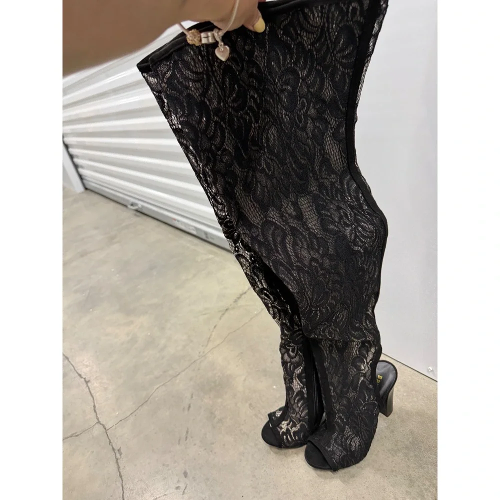 Bamboo Black Floral Lace Thigh High Peep Toe Block Heel Boots Size 7 EU 37